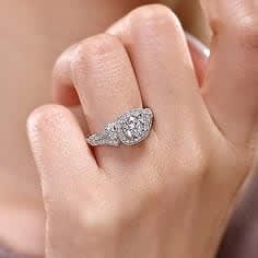 unique 14k white gold vintage inspired diamond halo engagement ring